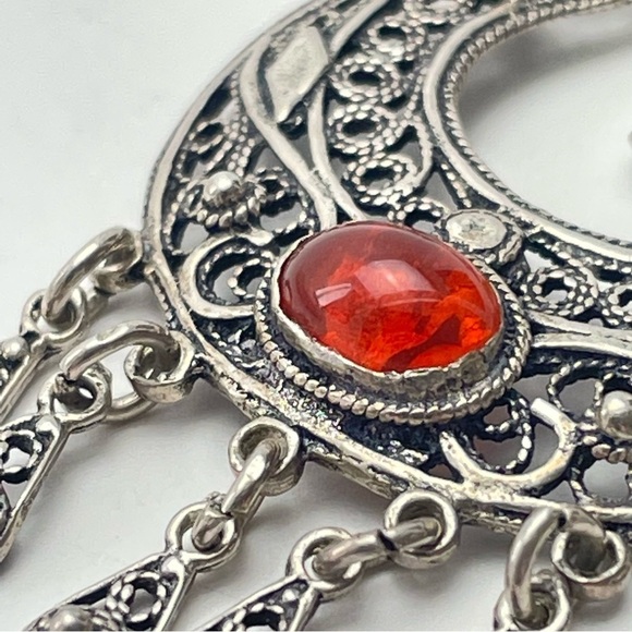 Sterling Silver 925 Dangle Earrings Amber Cabochon - Picture 6 of 11